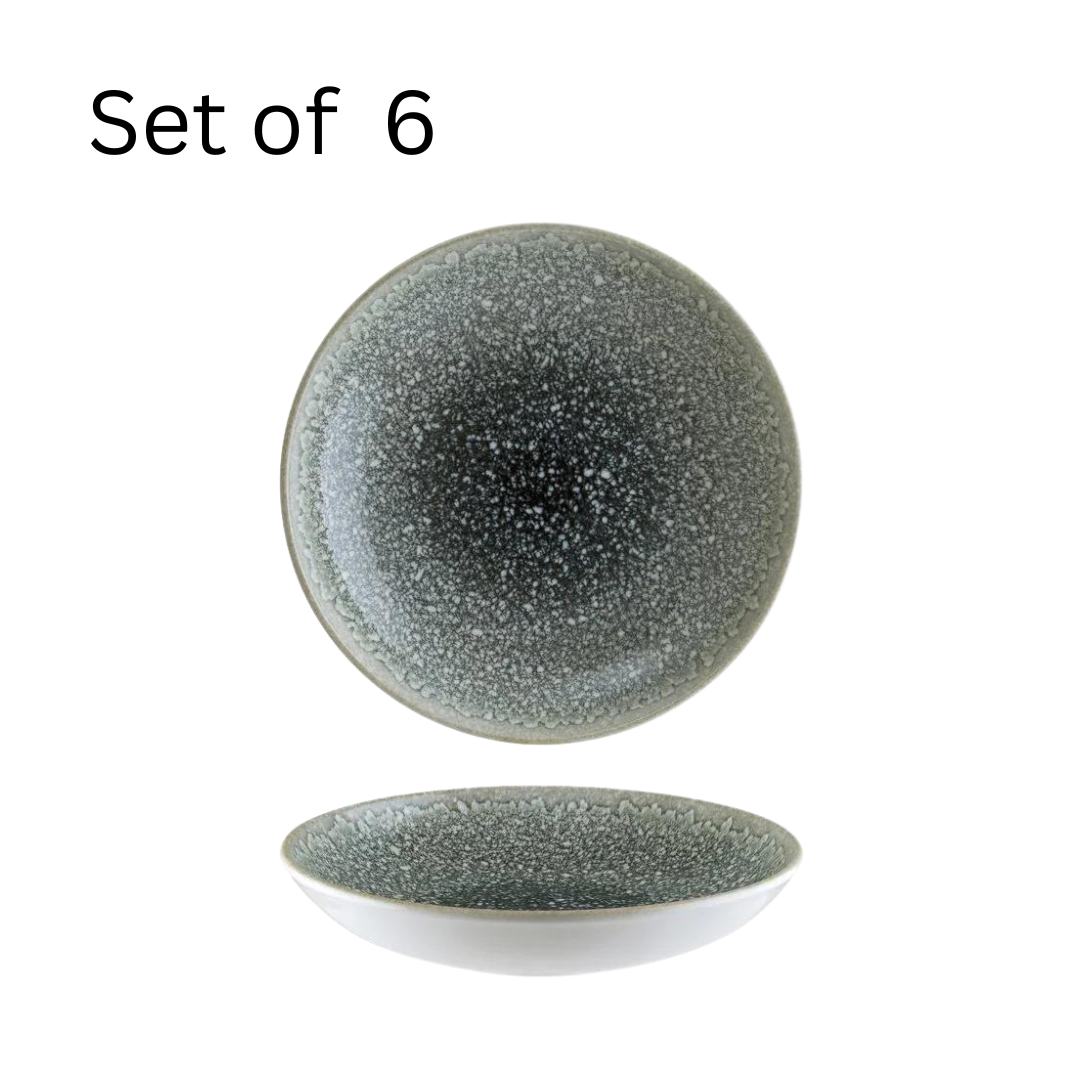 Bonna THAR BLACK ROUND BOWL COUPE, a deep 230x50mm round bowl with a dark base and a slightly lighter mottled rim, ideal for serving soups, salads, desserts, or other dishes in a stylish and practical way.