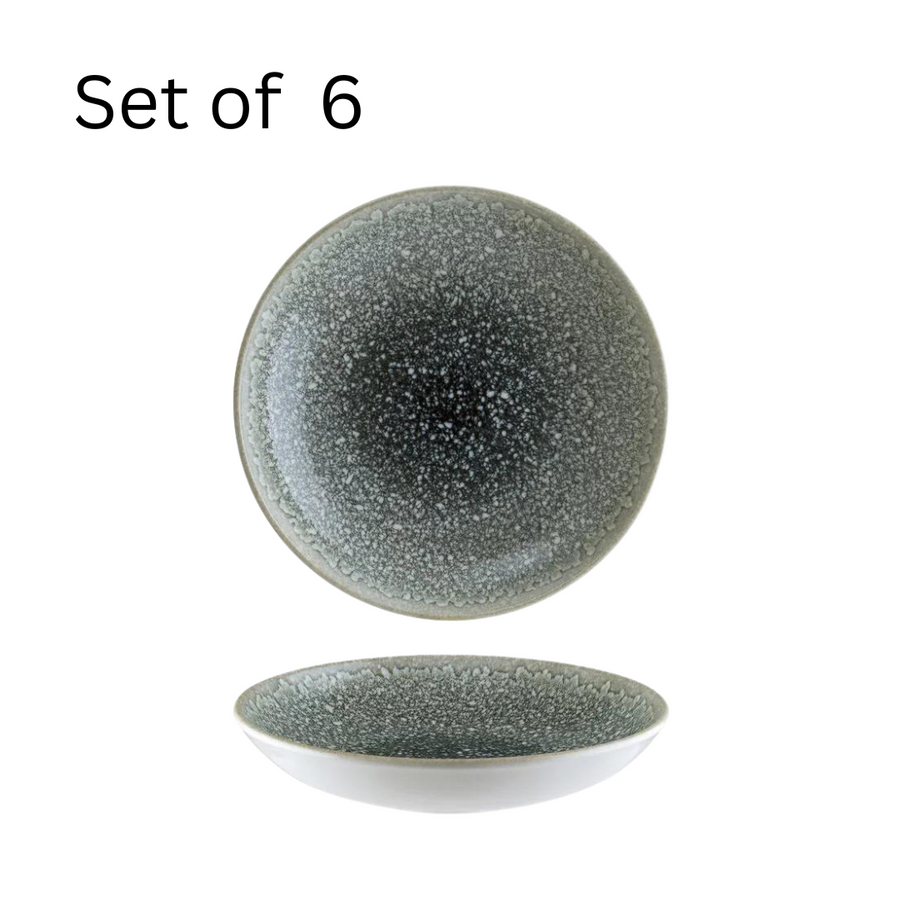 Bonna THAR BLACK ROUND BOWL COUPE, a deep 230x50mm round bowl with a dark base and a slightly lighter mottled rim, ideal for serving soups, salads, desserts, or other dishes in a stylish and practical way.