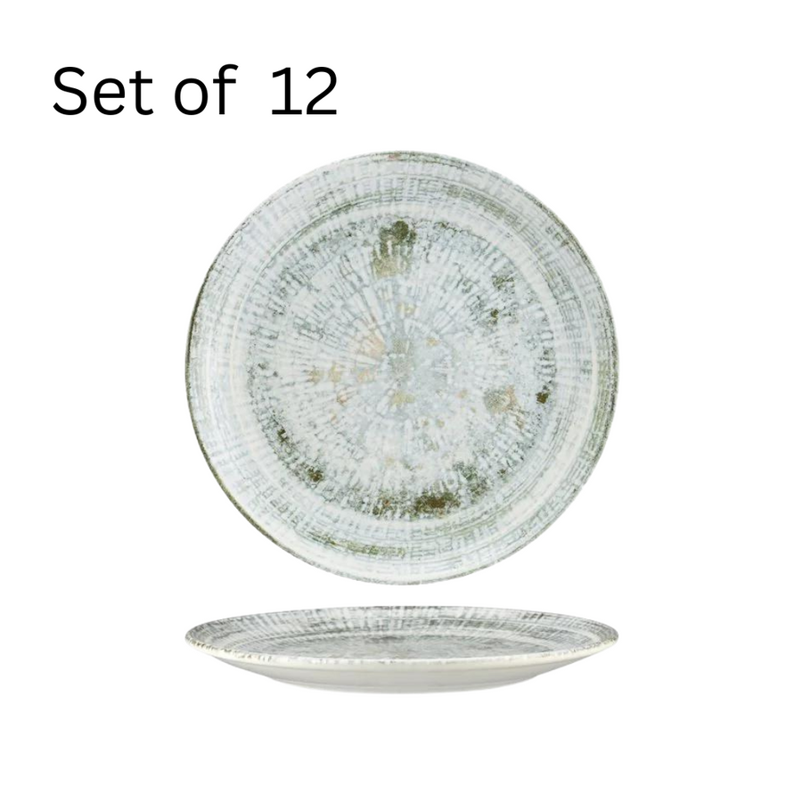 Bonna Odette Olive Round Coupe Plate, a 210mm diameter plate with a rustic design ideal for presenting appetizers, main courses, or desserts. Scratch-resistant glaze ensures long-lasting use.