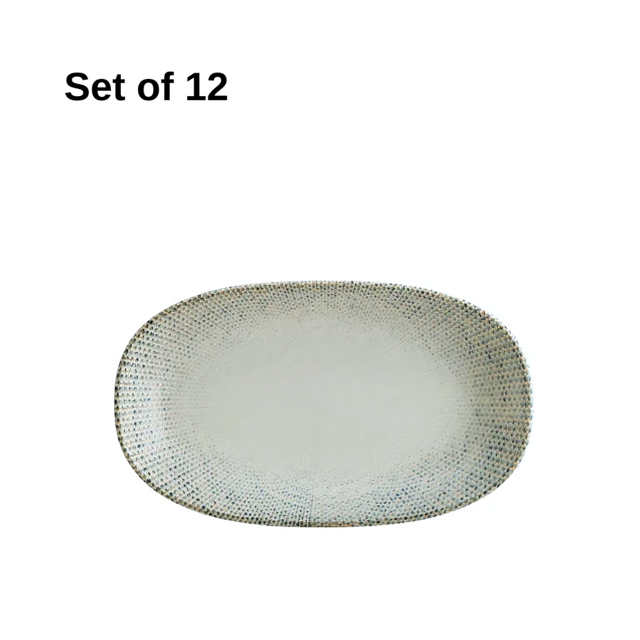 Bonna Sway oval coupe dish 190x110mm vitrified porcelain with earthy woven glaze, durable and microwave-safe, ideal for appetisers, sides, or desserts.