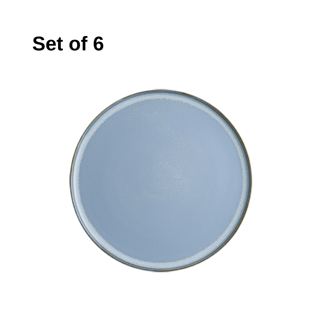 Bonna Sky Hygge round plate 220x17mm porcelain in soft sky blue with reactive glaze, durable and microwave-safe, perfect for entrées, appetizers, or desserts.