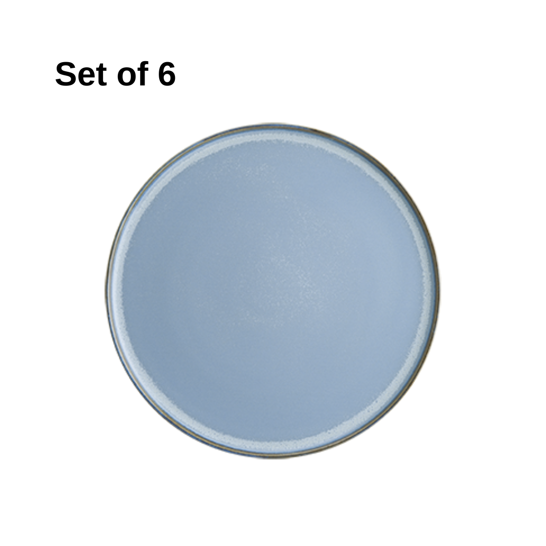 Bonna Sky Hygge round plate 280x18mm porcelain in soft sky blue with reactive glaze, durable and microwave-safe, ideal for mains, pasta, or shared dishes.
