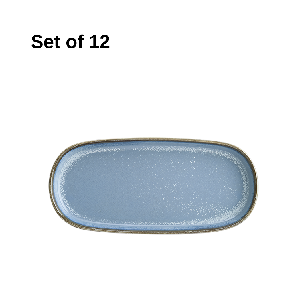 Bonna Sky Hygge oval dish 210x100mm porcelain in soft sky blue with reactive glaze, durable and microwave-safe, ideal for entrées, sides, or tasting portions.