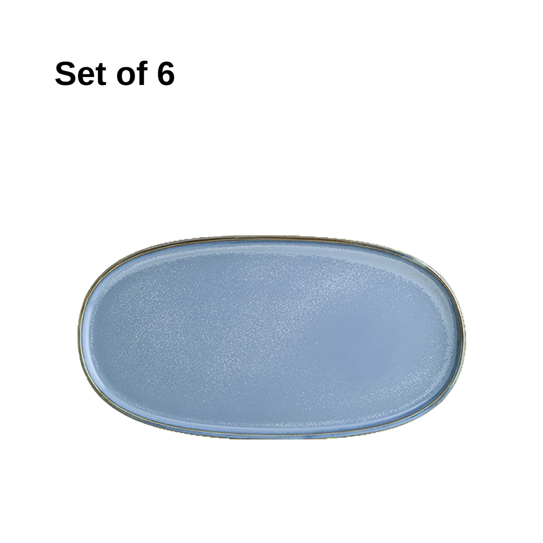 Bonna Sky Hygge oval platter 300x160mm porcelain in soft sky blue with reactive glaze, durable and microwave-safe, perfect for starters, side dishes, or desserts.