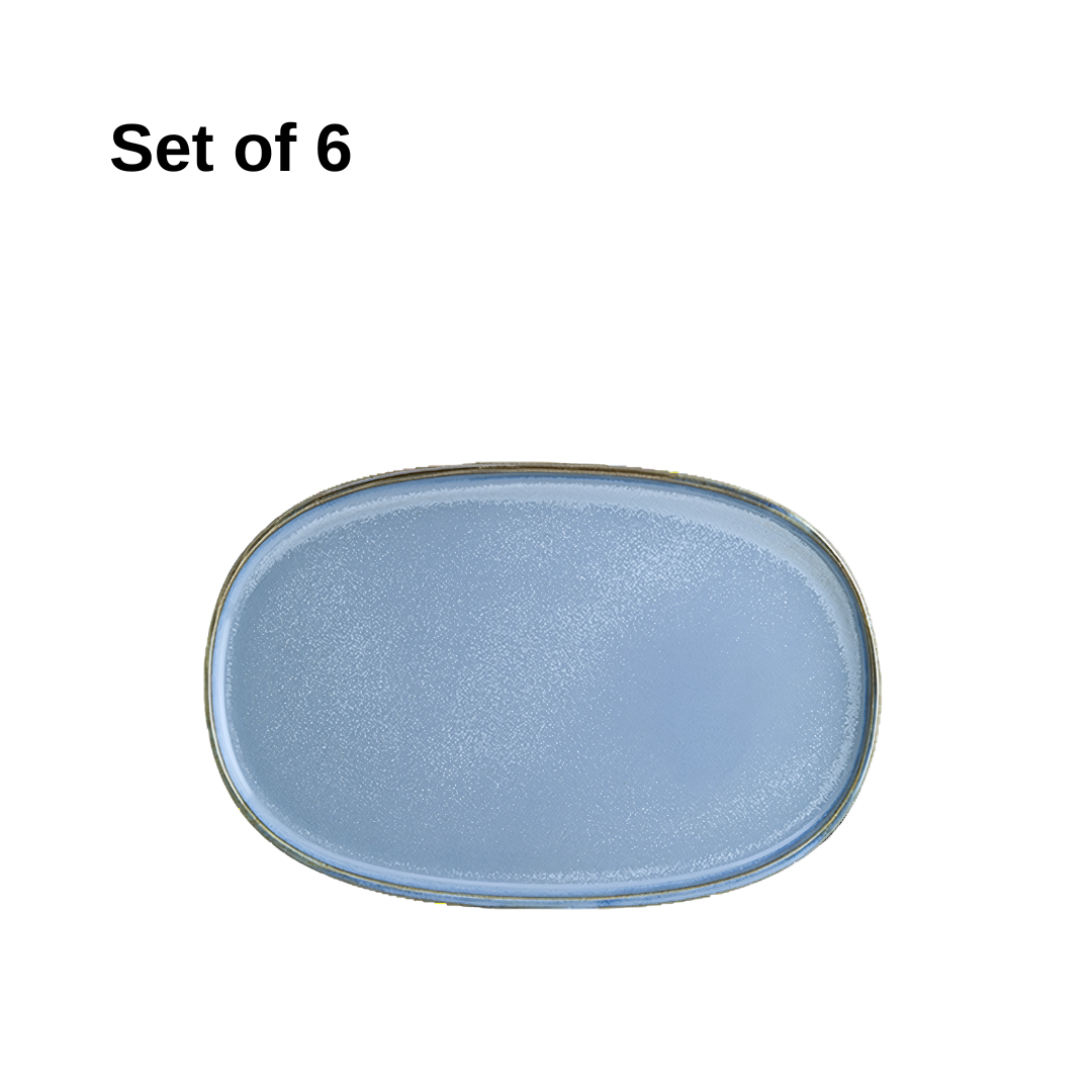 Bonna Sky Hygge oval platter 340x230mm porcelain in soft sky blue with reactive glaze, durable and microwave-safe, perfect for mains, sides, or shared dining.