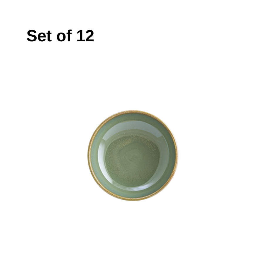 Bonna Sage Hygge coupe plate 100mm porcelain in soft sage reactive glaze, durable and microwave-safe, ideal for appetisers, desserts, or small bites.
