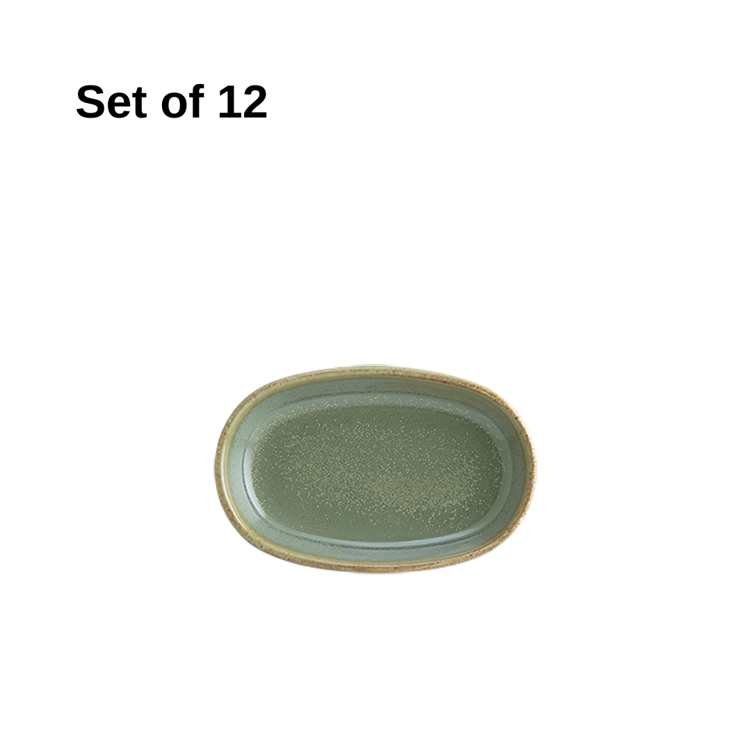 Bonna Sage Hygge oval dish 100x22mm porcelain set of 12 with sage glaze, artisanal finish, durable and microwave-safe, perfect for sauces, dips, or condiments.