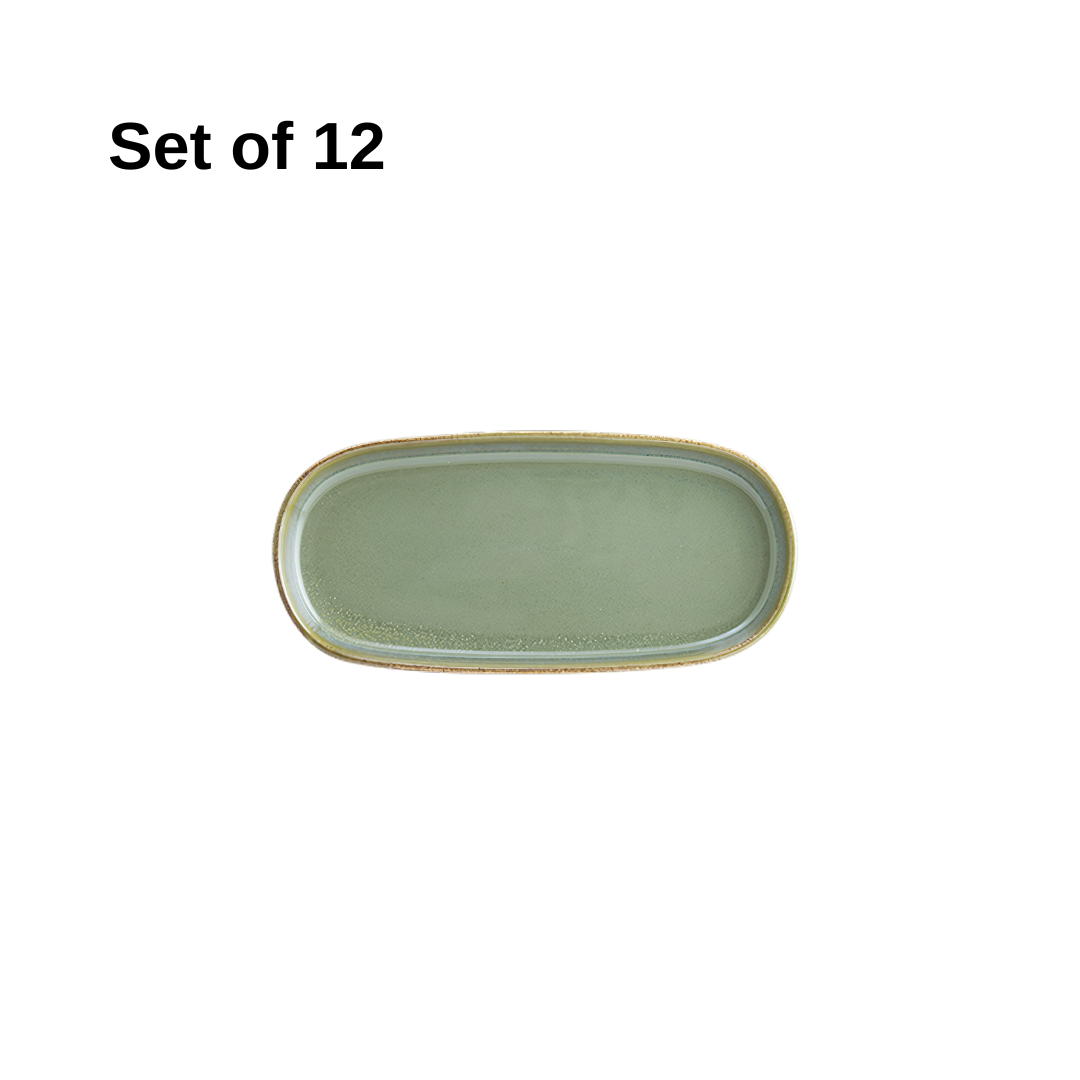 Bonna Sage Hygge oval dish 210x100mm porcelain set of 12 with sage glaze, artisanal finish, durable and microwave-safe, perfect for appetisers or side servings.