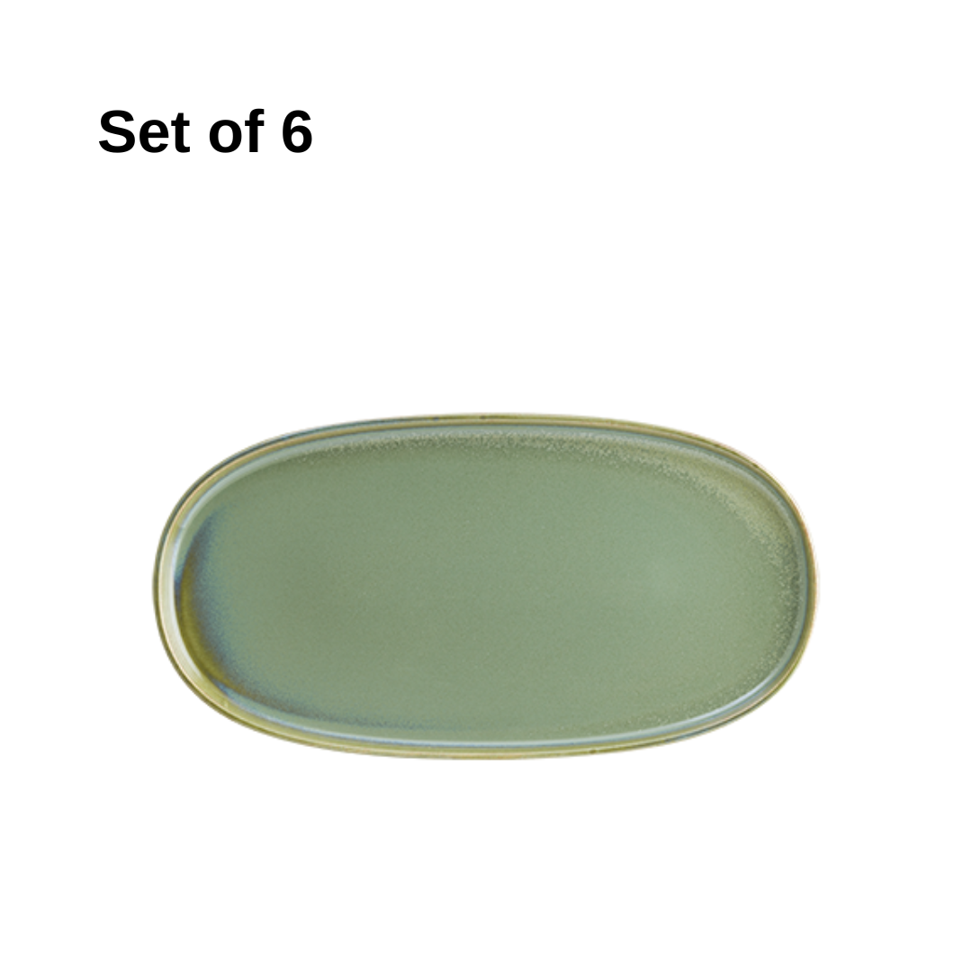 Bonna Sage Hygge oval platter 300x160mm porcelain set of 6 with sage glaze, artisanal finish, durable and microwave-safe, ideal for appetisers or side dishes.