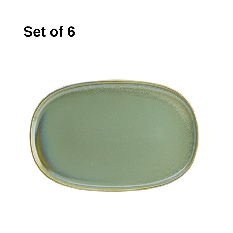 Bonna Sage Hygge oval platter 340x230mm porcelain set of 6 with sage glaze, artisanal finish, durable and microwave-safe, perfect for appetisers or mains.