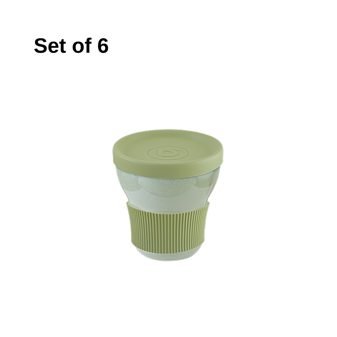 Bonna Sage Softline mug 300ml porcelain set of 6 with silicone sleeve and lid, sage tone, durable and microwave-safe, ideal for coffee or tea at home or travel.