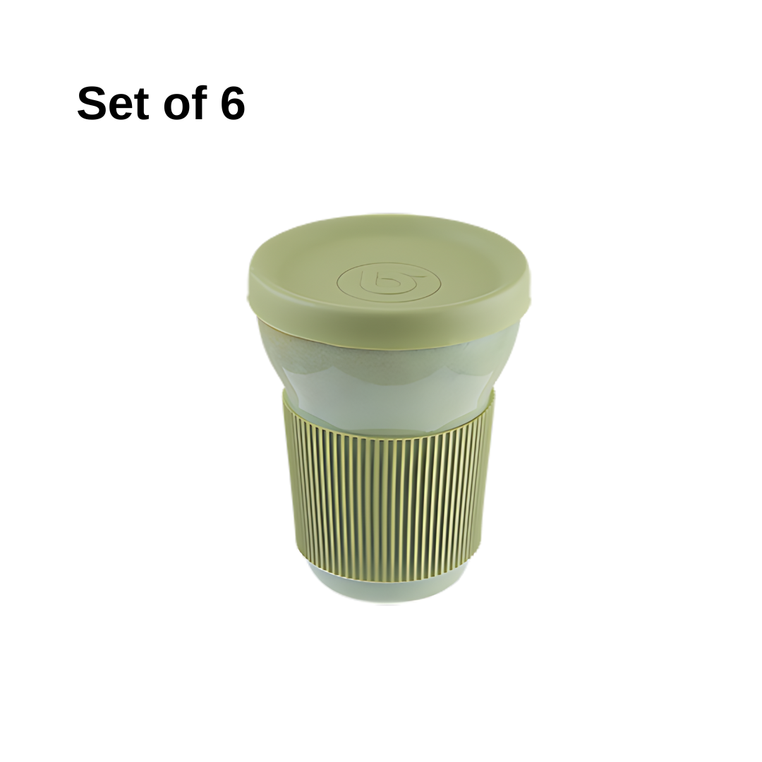 Bonna Sage Softline mug 350ml porcelain set of 6 with silicone sleeve and lid, modern sage tone, durable and microwave-safe, ideal for hot drinks at home or travel.