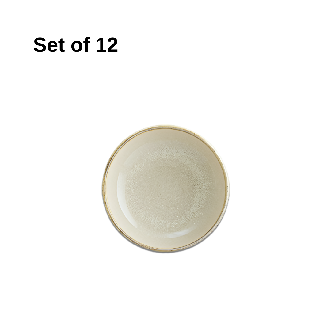 Bonna Sand Hygge coupe plate 100mm porcelain set of 12 with reactive glaze, durable and microwave-safe, perfect for appetisers, canapés, and condiments.