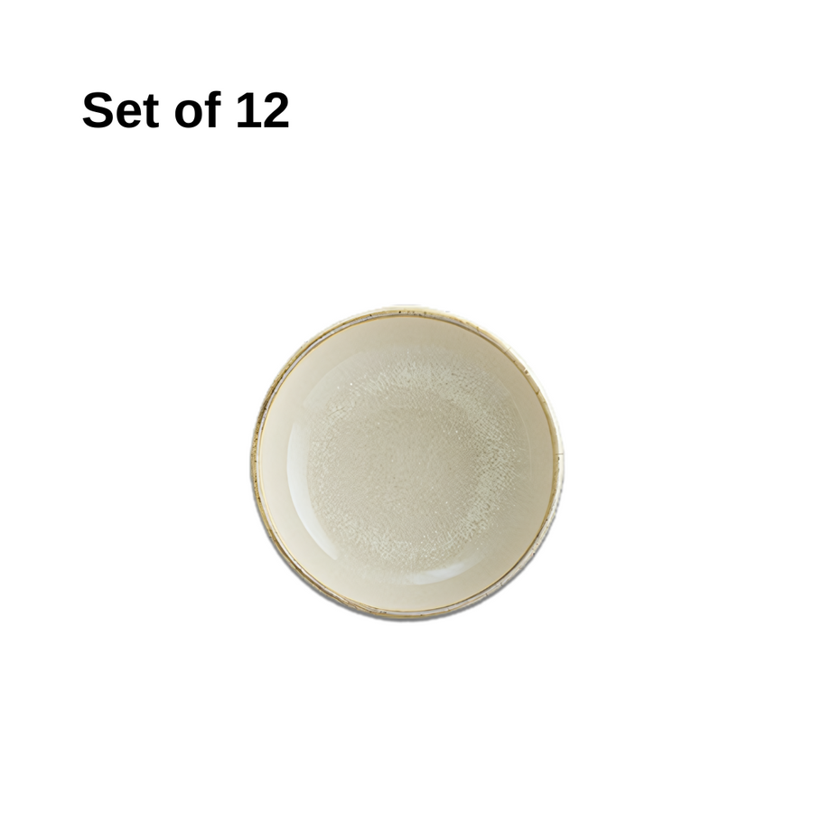 Bonna Sand Hygge coupe plate 100mm porcelain set of 12 with reactive glaze, durable and microwave-safe, perfect for appetisers, canapés, and condiments.