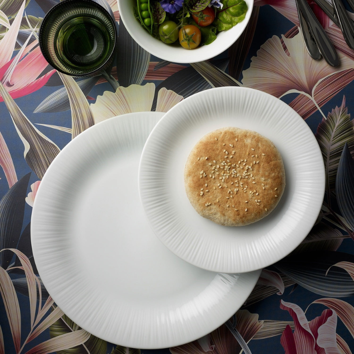 Noritake Conifere Cake Plate and Saucer casually stacked, with Cup and Bowl positioned above, white