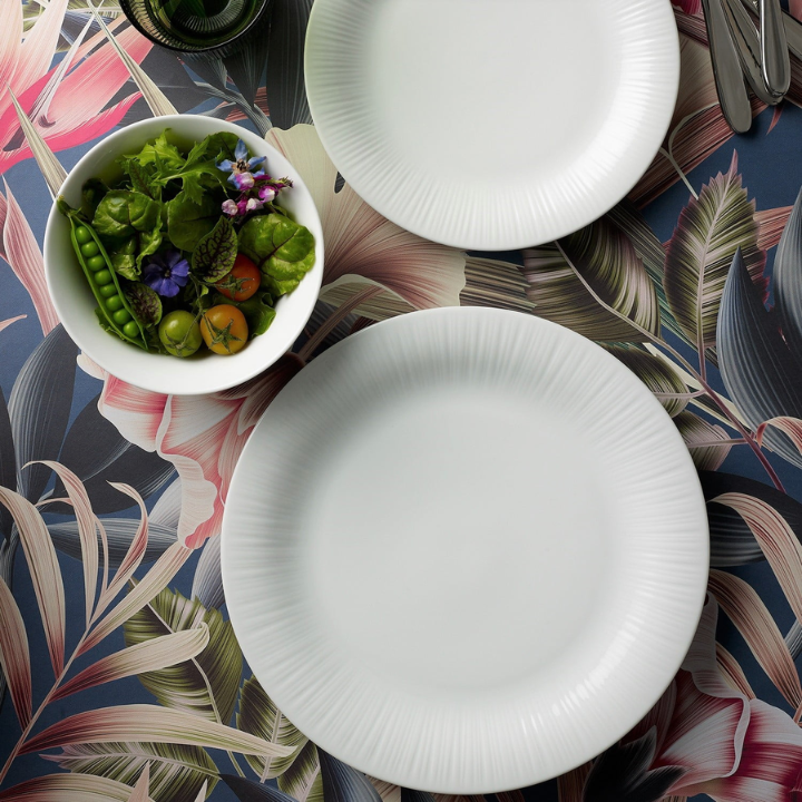 Noritake Conifere 21cm Entrée Plate, with bowl and saucer positioned above, white