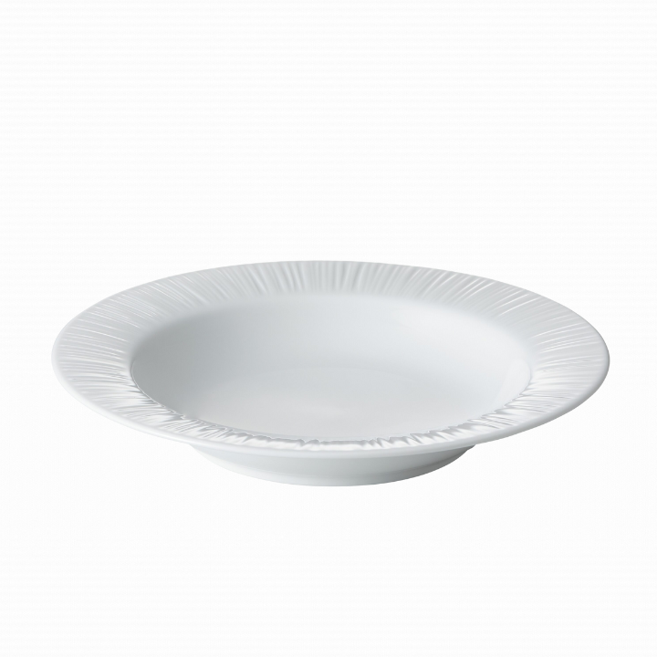 Noritake Conifere Plate and Saucer casually stacked, with Cup and Bowl positioned above, white
