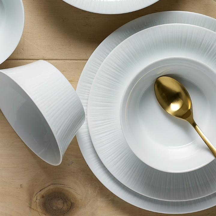 Noritake Conifere Plates and Bowls, White, Stacked, Gold Spoon on Top