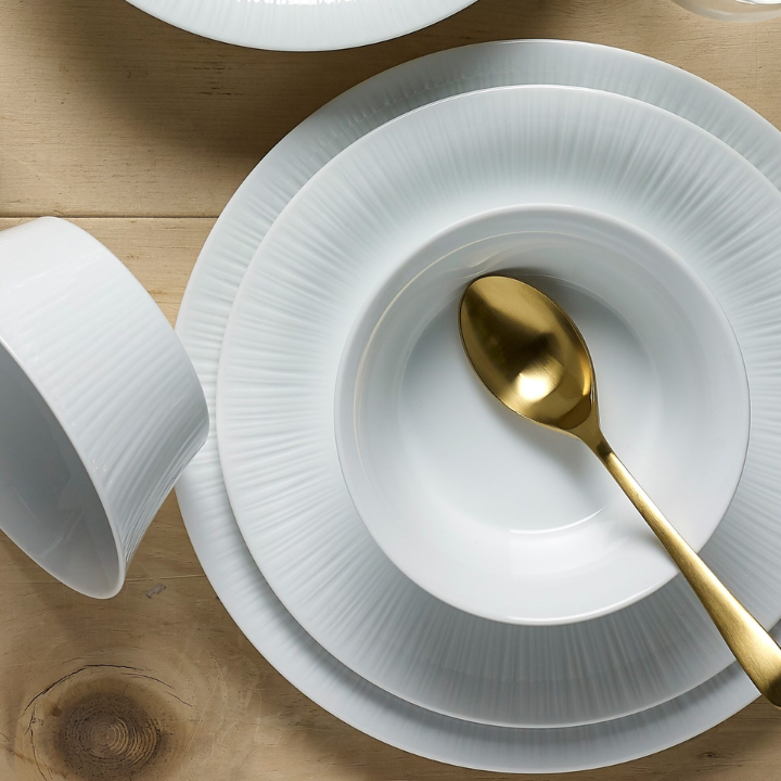 Noritake Conifere Plates and Bowls, White, Stacked, Gold Spoon on Top