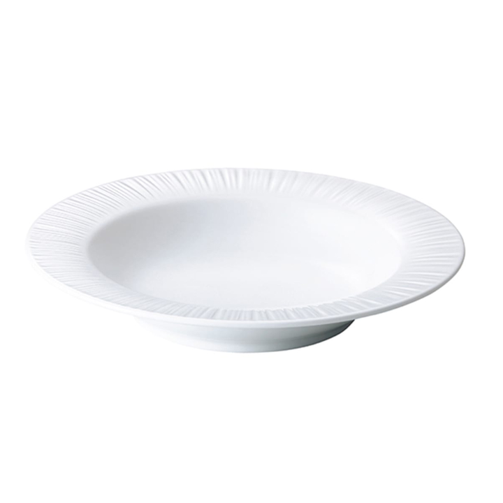 Noritake Conifere Plate and Saucer casually stacked, with Cup and Bowl positioned above, white