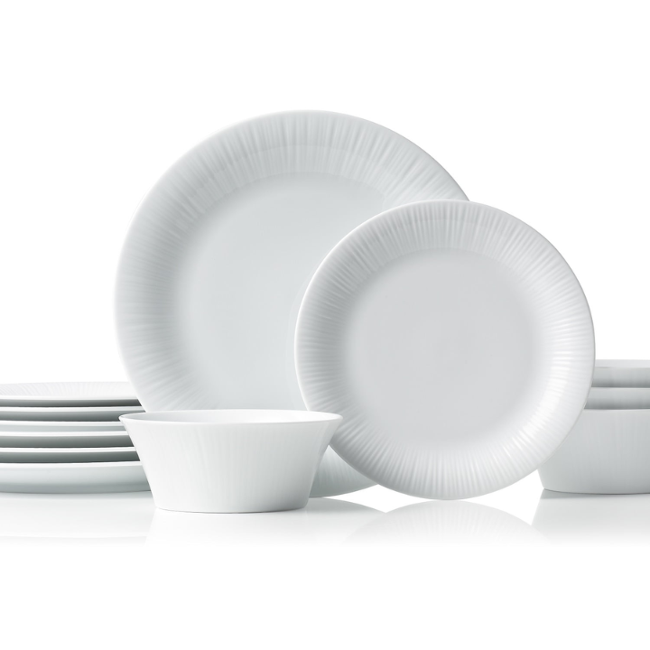 Noritake Conifere White Fine Porcelain Plates, nested, Norikake cup and bowl