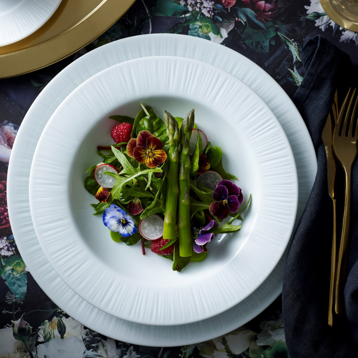 Noritake Conifere White Fine Porcelain Plates Served with Food on Table
