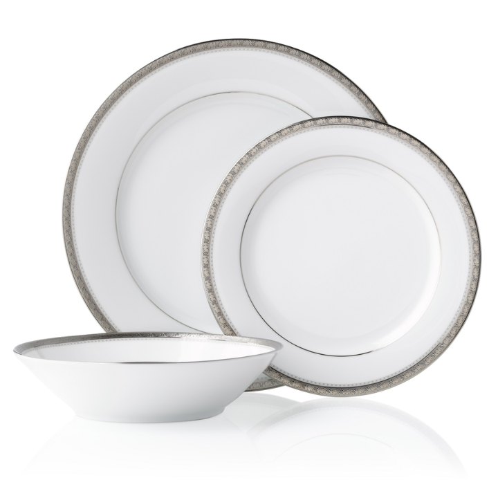 Noritake Charlotta Platinum Microwave Safe 12pce Dinner Setting for 4 (4 x 21cm Entree Plates, 27cm Dinner Plates & 19cm Coupe Bowls