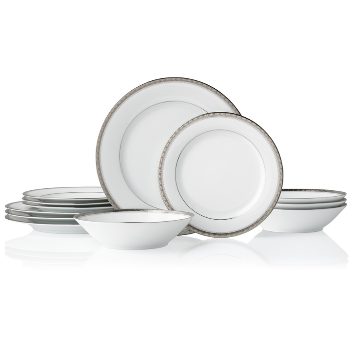Noritake Charlotta Platinum Microwave Safe 12pce Dinner Setting for 4 (4 x 21cm Entree Plates, 27cm Dinner Plates & 19cm Coupe Bowls