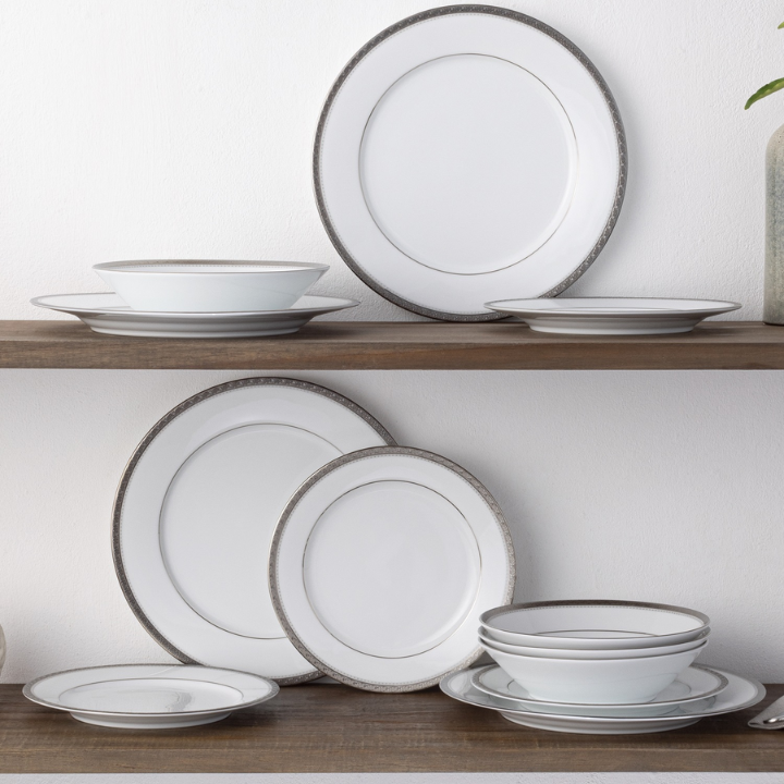 Noritake Charlotta Platinum Microwave Safe 12pce Dinner Setting for 4 (4 x 21cm Entree Plates, 27cm Dinner Plates & 19cm Coupe Bowls