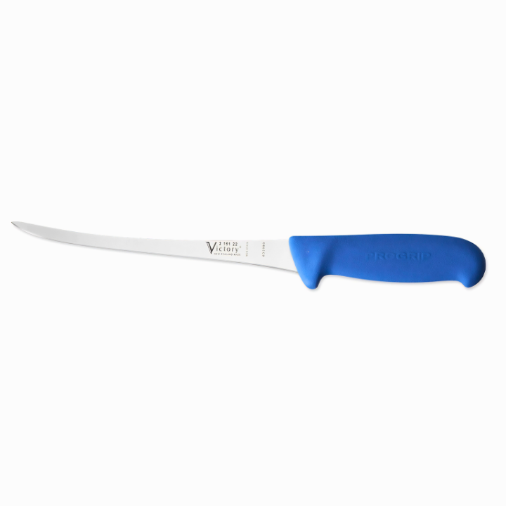 Victory 22cm extra narrow filleting knife stainless steel blue ProGrip handle commercial fish processing knife