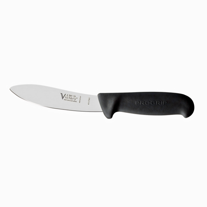 Victory 13cm round tip skinning knife stainless steel black ProGrip handle meat processing knife