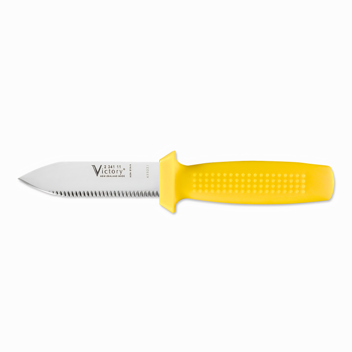 Victory 11cm serrated dive knife stainless steel yellow handle underwater cutting knife
