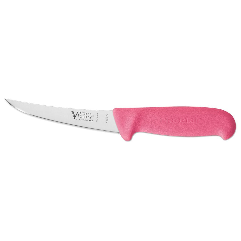 Victory Knives 13cm Narrow curved Boning knife with pink pro grip handle