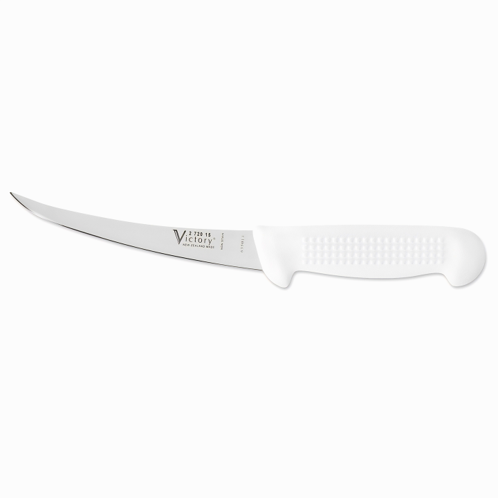 Victory Knives narrow curved boning knife 15cm stainless steel white handle hollow ground flexible filleting knife New Zealand