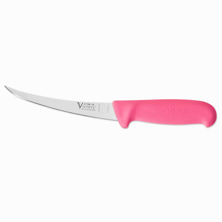 Victory Knives hollow ground curved boning knife 15cm stainless steel pink Progrip handle filleting knife New Zealand