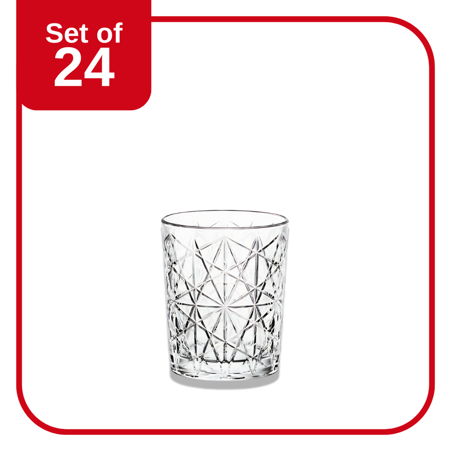 Bormioli Rocco Lounge DOF Tumbler 390 ml set of 24 tempered glass with vintage light-reflecting pattern for whisky, cocktails, or spirits