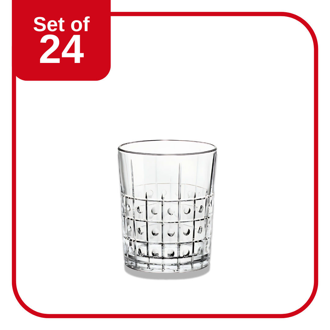 Bormioli Rocco Este DOF Tumbler 390 ml set of 24 tempered glass with geometric design for whisky, cocktails, or everyday beverages