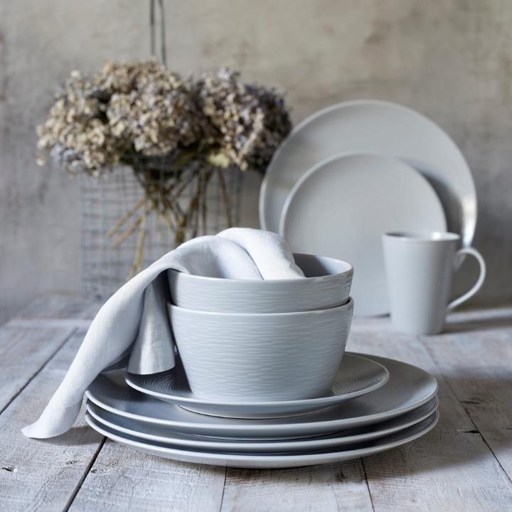 Noritake Grey on Grey 'Swirl' 12pce Dinner Setting for 4 (4 x 21cm Coupe Entrée , 27cm Coupe Dinner & 14.5cm Cereal/Soup Bowl)