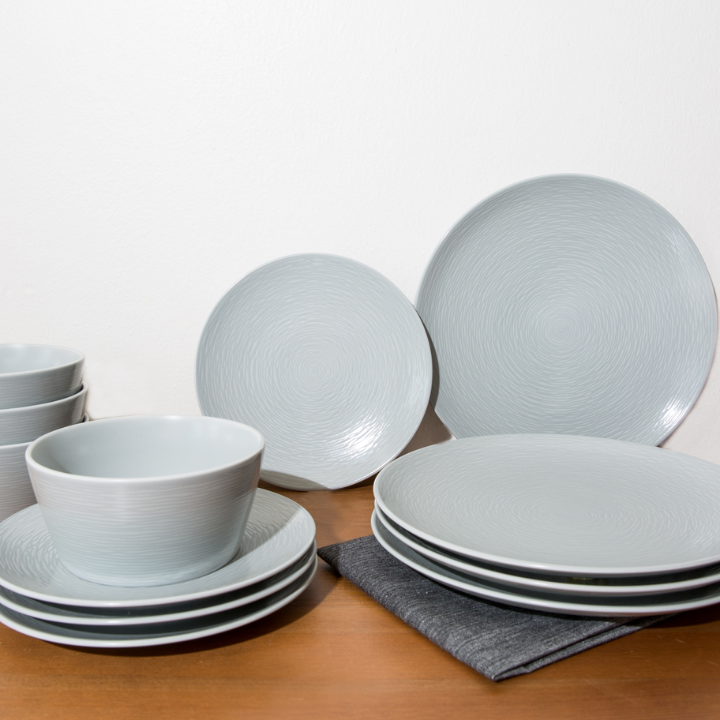 Noritake Grey on Grey 'Swirl' 12pce Dinner Setting for 4 (4 x 21cm Coupe Entrée , 27cm Coupe Dinner & 14.5cm Cereal/Soup Bowl)
