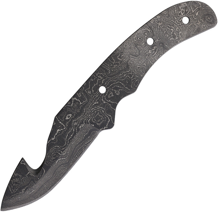 A fixed blade knife with a Damascus steel blade featuring a unique pattern, with three holes near the curved edge. | King of Knives e-store