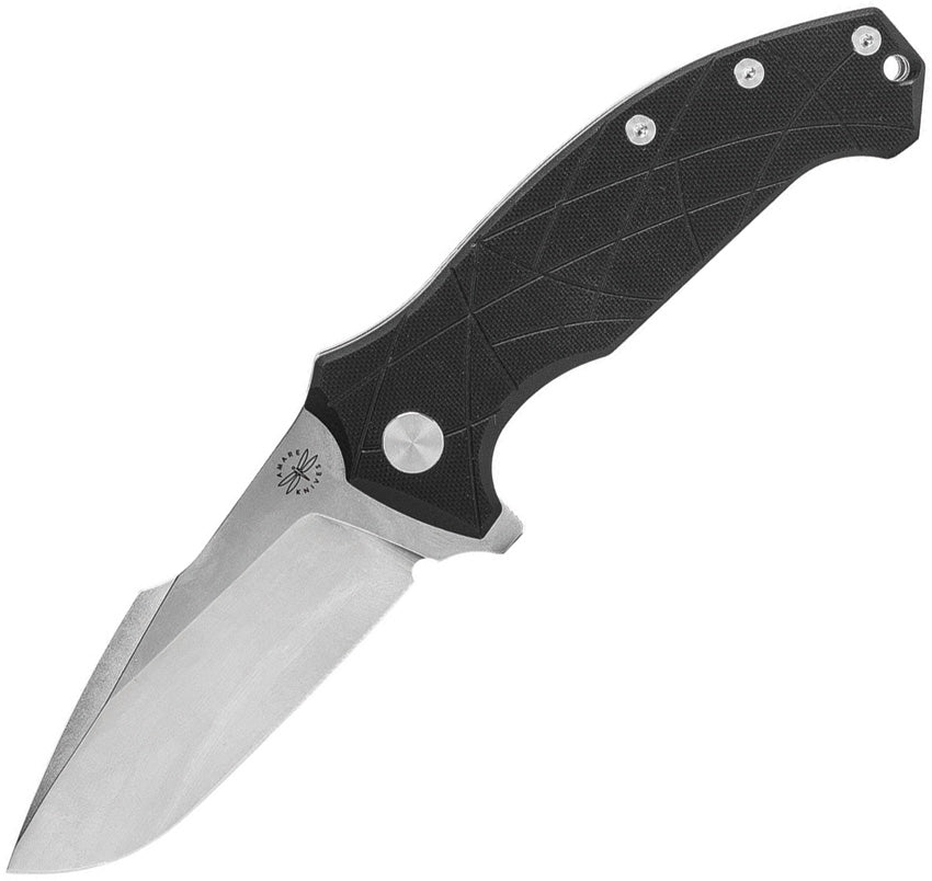 A black folding knife with a stonewash finish blade, textured G10 handle, extended tang, lanyard hole, and pocket clip.
