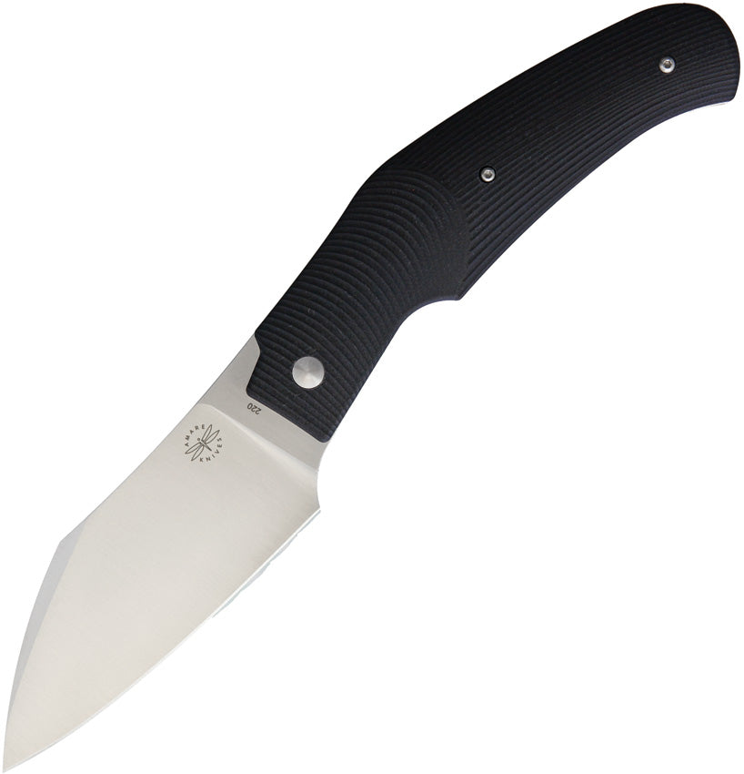 A black folding knife with a satin finish stainless steel blade and a black G10 handle, featuring a slip joint mechanism.