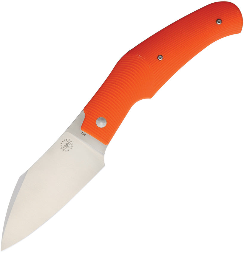 A folded knife with an orange handle and silver blade, featuring a slip joint mechanism.