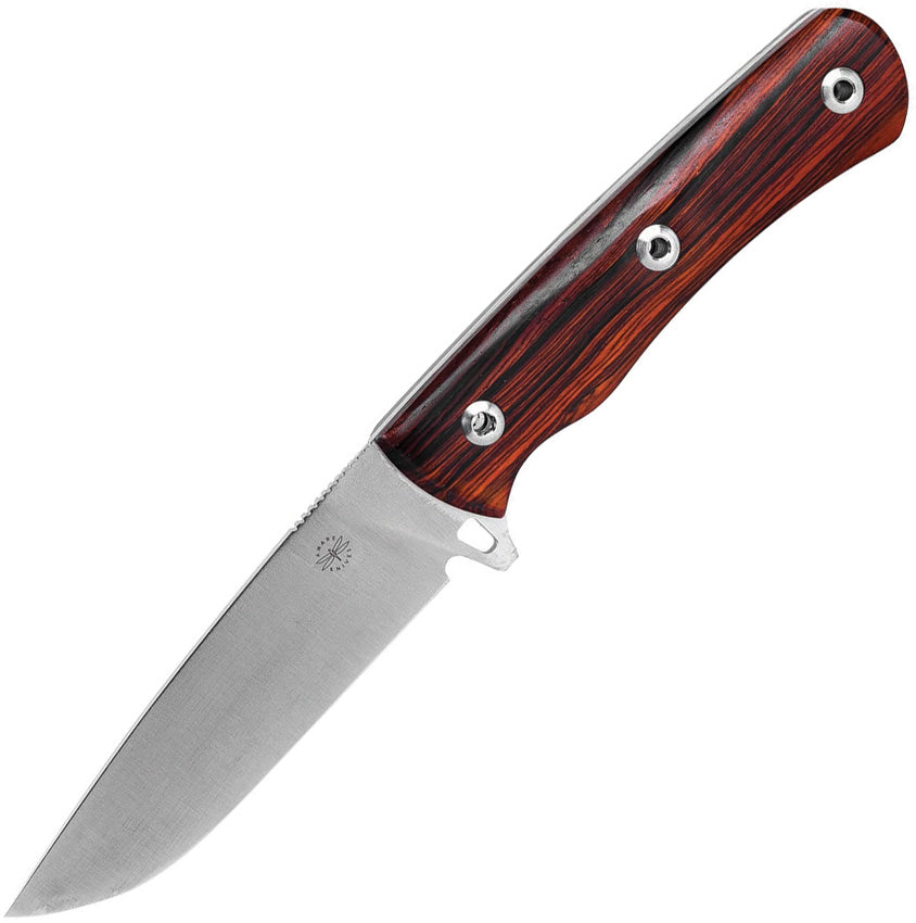 A knife with a satin finish K110 tool steel blade and red wood handle, full tang design, with a natural leather belt sheath.