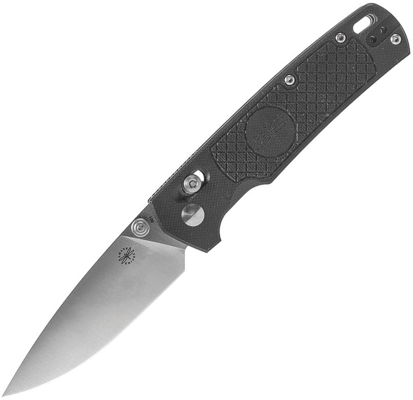 Amare folding knife with a black G10 handle and a satin finish VG-10 stainless blade, featuring a thumb stud, lanyard hole, and pocket clip.