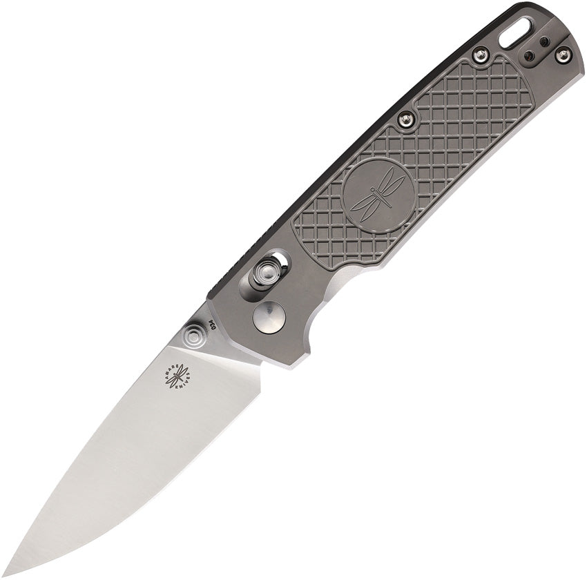 A folded Amare Field Bro LR-Lock Titanium knife with a satin finish blade and gray textured handle.