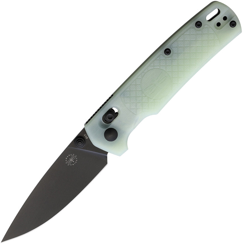 A green folding knife with a black textured handle and a stainless steel blade, featuring a thumb stud, pocket clip, and lanyard hole.
