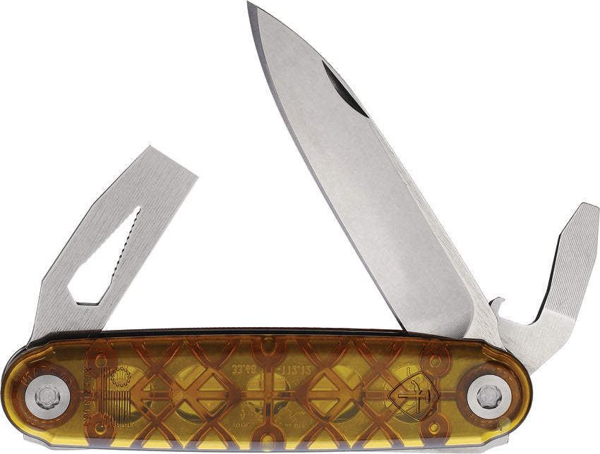 A folded utility knife with a silver blade and a yellow and black handle featuring a patterned design, with several tools extended, including a bottle opener and screwdriver.
