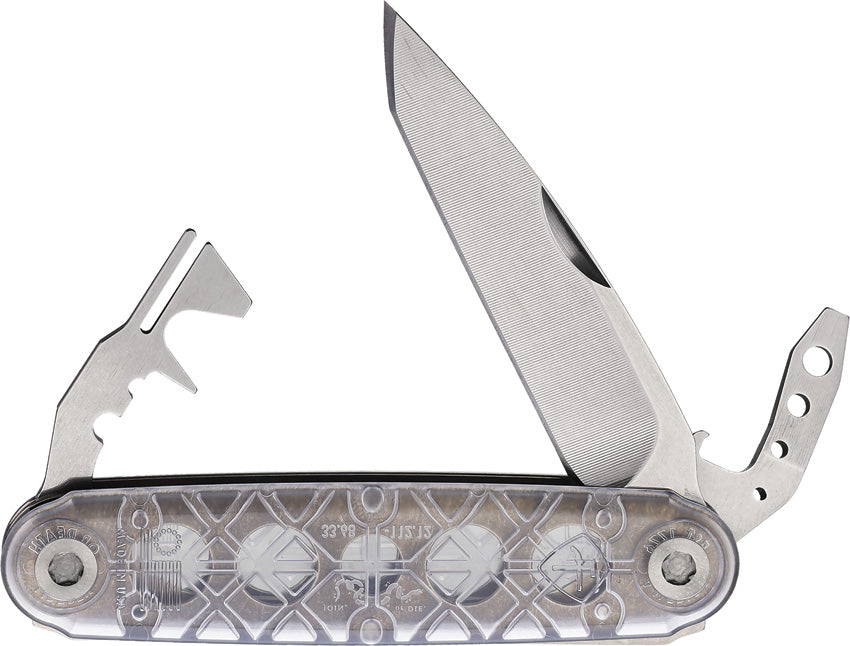 A folded multifunctional knife with a silver blade and clear synthetic handle, featuring a bottle opener and other tools extended.