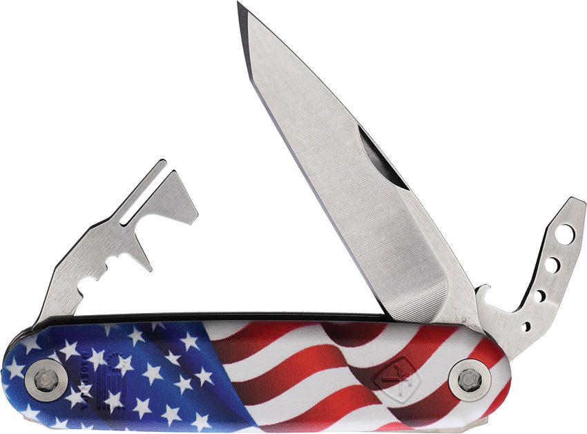 A folding knife with an American flag handle, featuring a stainless steel blade, a screwdriver tip, and other utility tools integrated into its design.